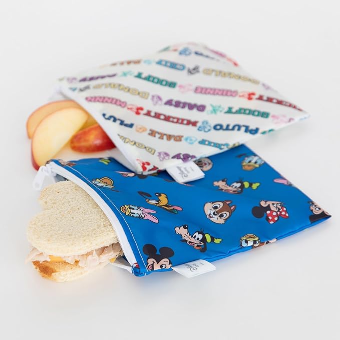Bumkins - Cloth Snack & Sandwich Bags - For Storage, Travel, Food Prep, Lunch - Reusable, Water Resistant, Washable, Dishwasher Safe - Snack Bags for Kids -Zipper Closure -Mickey & Friends MVP -4 Pack