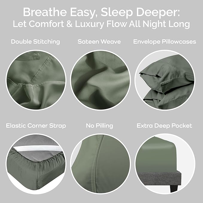100% Viscose from Bamboo Sheets Full Size, Super Soft Bedding Set, 4PC Cooling Sheets for Hot Sleepers, Vegan Silk Moisture Wicking, Organically Grown Bedsheet, Moss - 54" x 75"