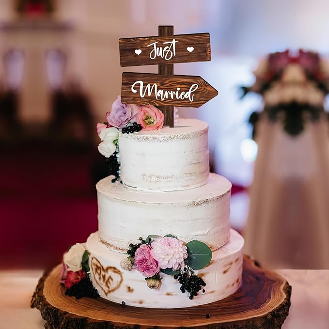 Rustic Just Married Wedding Cake Topper in Wood Wedding Cake Decoration