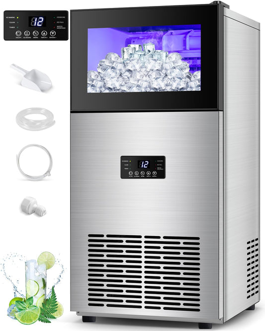 130LBS/24H Commercial Ice Maker Machine with 35LBS Capacity - Stainless Steel Undercounter/Freestanding Ice Cube Maker for Home Bar & Outdoor Use - Automatic Operation