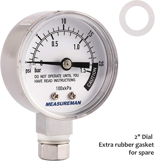 MEASUREMAN Stainless Steel Pressure Cooker Gauge, Pressure Canner Gauge, Steam Pressure Gauge, 2" Dial, Lower Mount, Including Gasket, Washer and Nut
