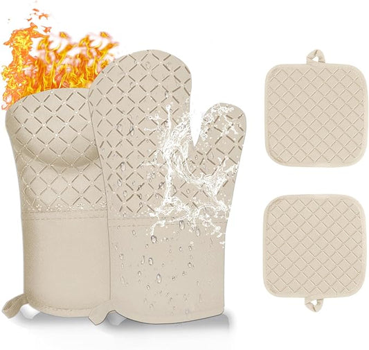 4PCS Oven Mitts and Pot Holders Sets 500°F Pot Holders for Kitchen Heat Resistant Oven Gloves Anti-Slip Silicone Stripe Oven Mitts Heat Resistant Hot Pads Oven Mits Potholders for Kitchens (Khaki)