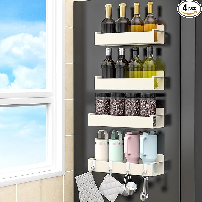 4 Pack Magnetic Spice Rack Organizer for Refrigerator and Oven, Cream White Fridge Organizers and Storage for Kitchen