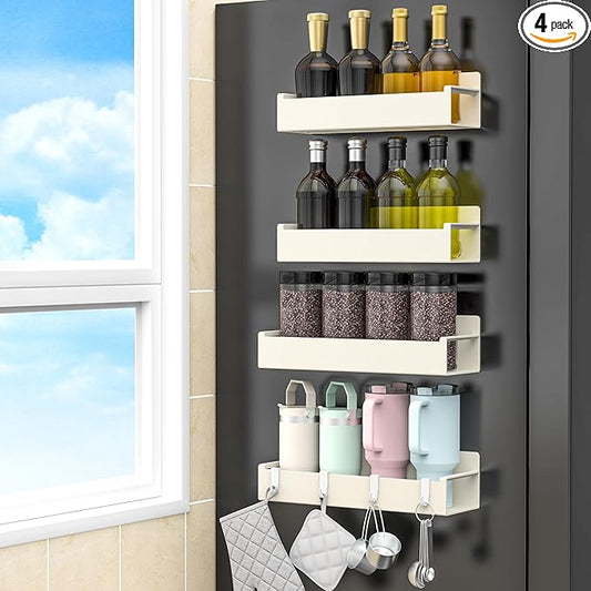 4 Pack Magnetic Spice Rack Organizer for Refrigerator and Oven, Cream White Fridge Organizers and Storage for Kitchen