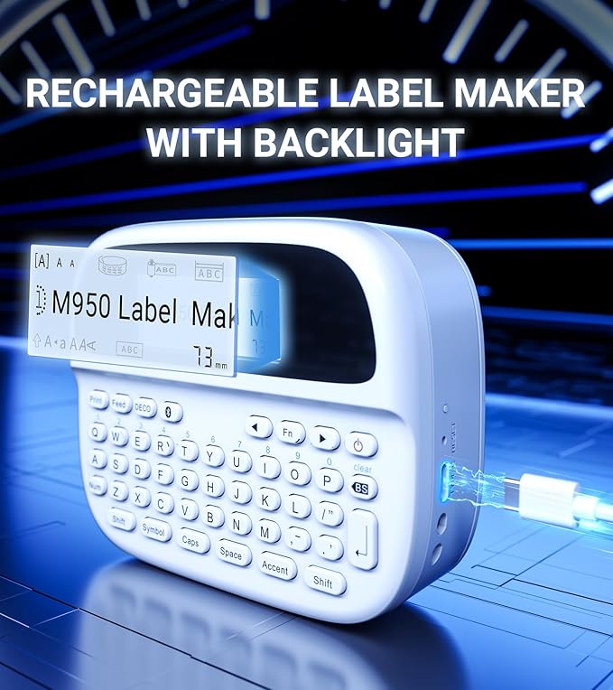 Label Maker Machine with-Tape Waterproof, Keyboard Label Maker Rechargeable, Bluetooth Labeler Portable with Backlit Screen for Home Office School Kids Use, M950