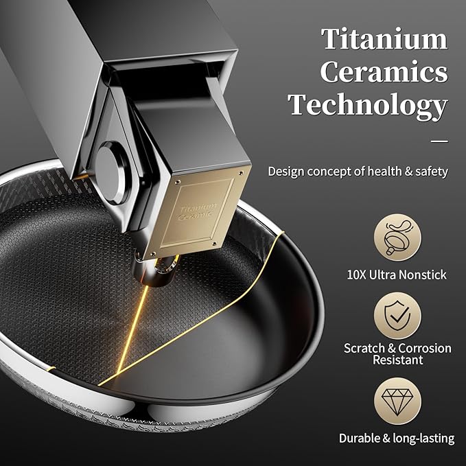 Nonstick Titanium Ceramics Stainless Steel Frying Pan Set, 6 Pieces Nonstick Honeycomb Stainless Steel Frying Pan Set, Non Stick Egg Omelet Cooking Pan Set, Induction Compatible, PFAS Free