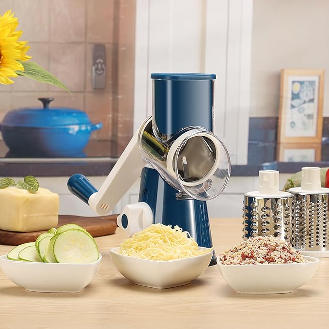 Cambom Rotary Cheese Grater Hand Crank Cheese Shredder for Fresh Cheese, Vegetable, Nuts,Non-slip Suction Base, Free Cleaning Brush Three Blades,Deep Blue