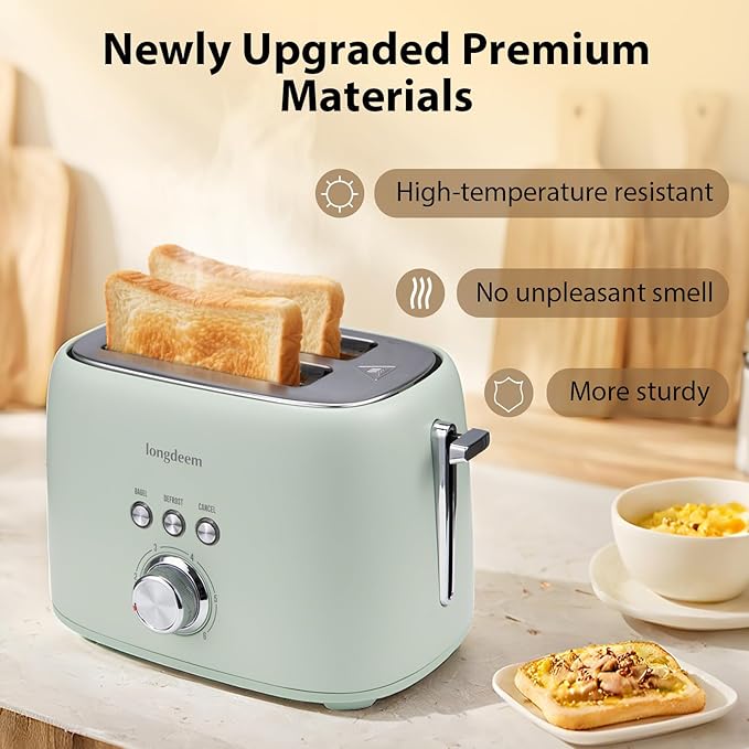 2-Slice Toaster 1.5" Extra Wide Slot Stainless Steel with High Lift Lever, 6 Presets & Bagel/Defrost/Cancel Function, Removal Crumb Tray, Under Base Cord Storage, Green