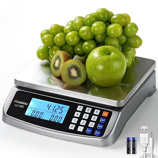 66lb Food Scale, Commercial Kitchen Scale with Price Computing, Plug-in Usable, 0.05oz/1g, 304 Stainless Steel, for Cooking, Vegetables, Farm, Industry, Counting. LC300 Grey