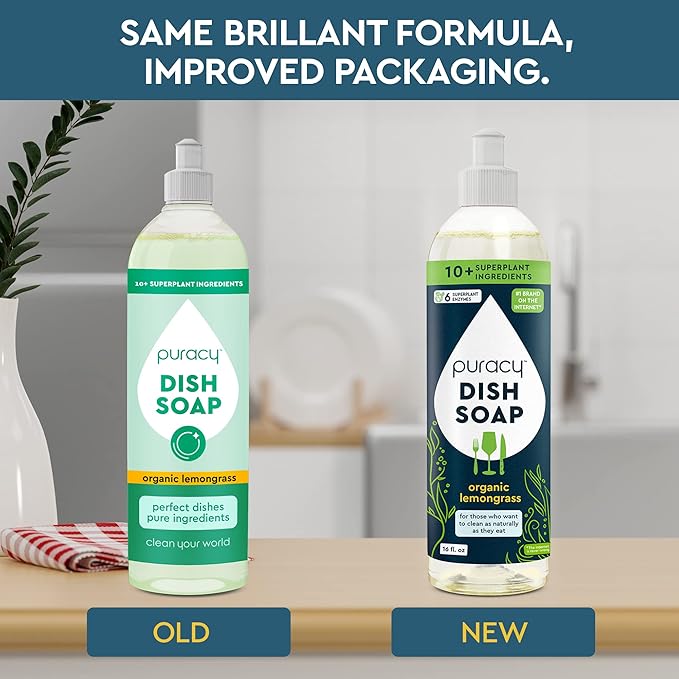 Puracy Natural Dish Soap Packs - Skin-Softening Plant-Based Dishwashing Soap, Non-Toxic Dish Soap, Organic Liquid Dishwashing Detergent Soap (Organic Lemongrass, 16 fl oz, 3 Pack)