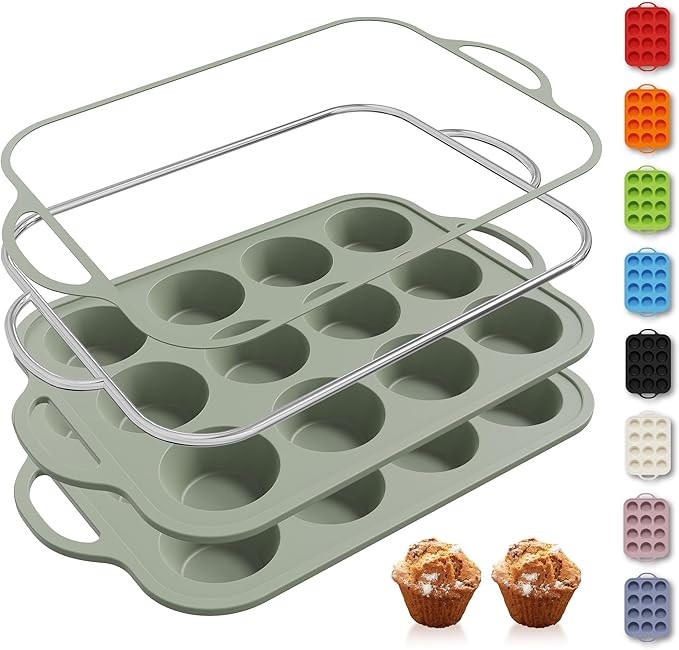 2 Packs 12 Cups Silicone Muffin Pan with Metal Reinforced Frame Regular Size Cupcake Pan Tray Egg Bites Silicone Circle Cookie Molds Muffin Tin Tart Pans Baking Sheet Set for Breakfast Sandwiches