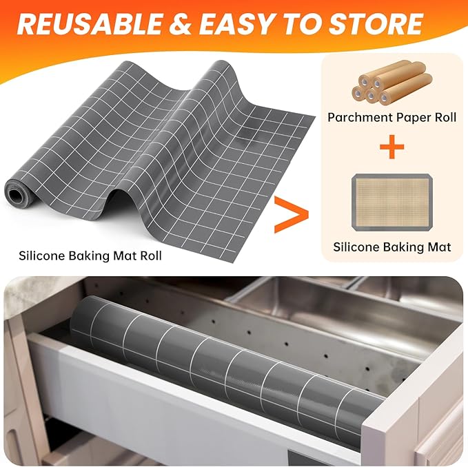 Silicone Baking Mat Roll- Heat Resistant Baking Macaron Bread Mat, Non-stick Pastry Mat, Reusable Dough Rolling Mat, Countertop Protector, Oven Mat, Air Fryer Mat, Refrigerator Mat Multipurpose