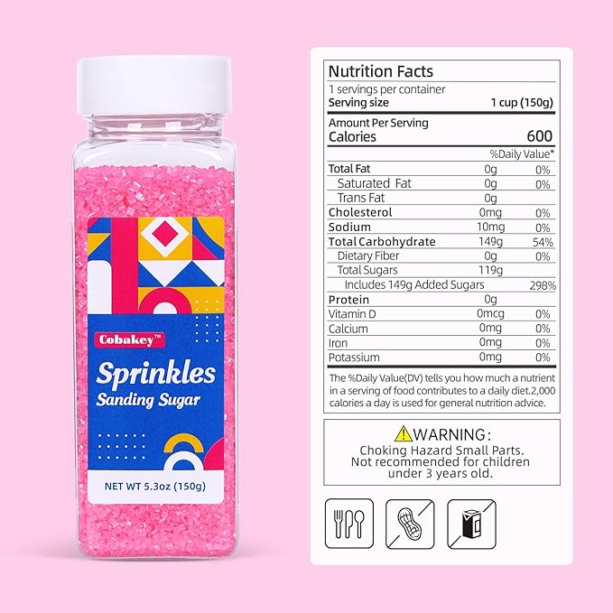 Sanding Sugar Pink Edible Sugar Sprinkles Sanding Sugar for Cake Decorating, Sparkling Edible Crystal Candy White Pearl Sugar for Wedding Party Baking Cupcake Cookie Ice Cream Decoration Supplies - 5.3 oz