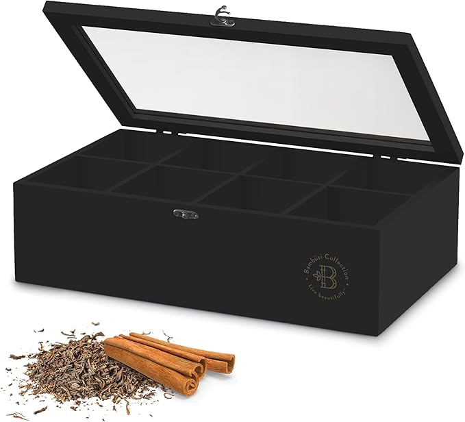 Bambüsi Tea Bag Organizer - Bamboo Tea Box Organizer Storage Box, Tea Bag Holder with Acrylic Window, Magnetic Lid Keeps Tea Bags Fresh - Ideal Gifts Tea Organizer Caddy (Tea Not Included) - Black
