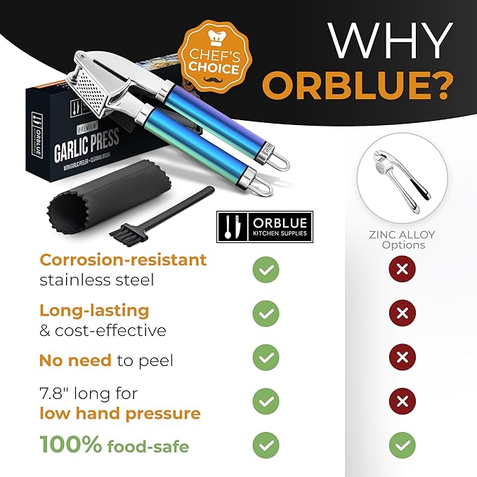 ORBLUE Garlic Press Stainless Steel - Premium Professional Grade Garlic Mincer, Crusher & Peeler Set - Easy Clean, Dishwasher Safe & Rust-proof, Multi-colored