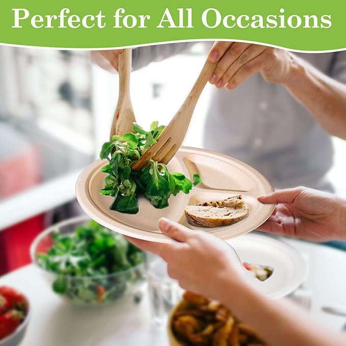 Compartment Plates - Disposable, 9 inch, 100 Pack, Biodegradable, Heavy Duty with Dividers