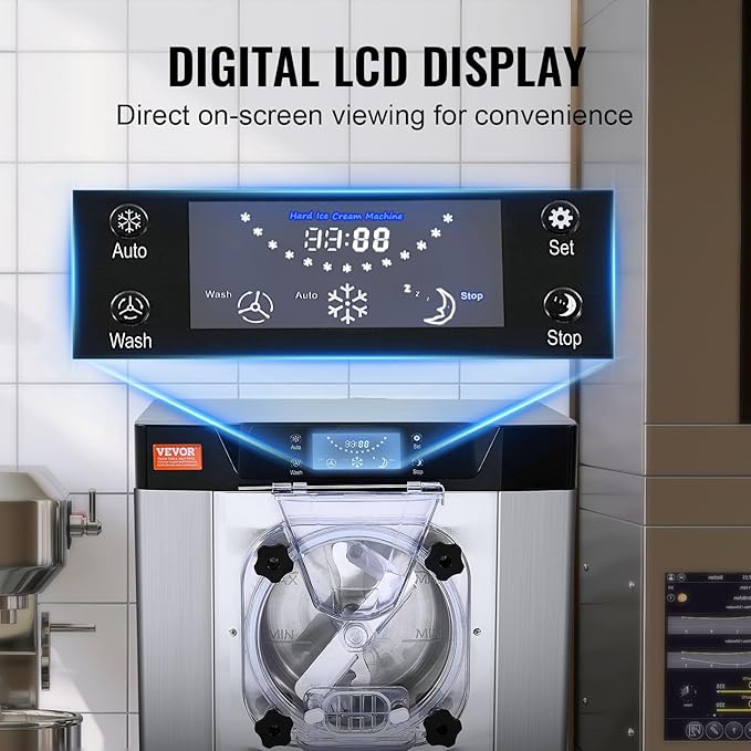 VEVOR Commercial Ice Cream Machine, 12 L/H Yield, 1713W Single Flavor Countertop Hard Serve Ice Cream Maker, 4.5L Stainless Steel Cylinder, LED Panel Auto Clean Pre-cooling, for Restaurant Snack Bars