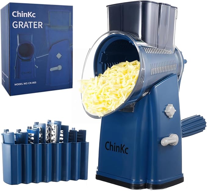 Rotary Cheese Grater Shredder - Upgraded 5 in 1 Cheese Grater with Handle and Strong Suction Base, Multi-purpose Julienne Slicer Ice Shaver Nuts Grinder for Ice, Vegetables, Fruit, Nuts