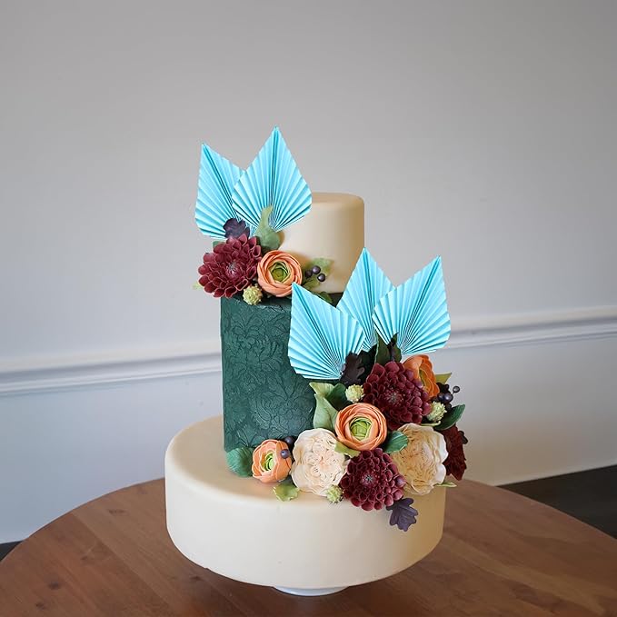 Gyufise 6pcs Paper Palm Fan Cake Toppers - Palm Leaf Fan & Spear Leaf Cupcake Toppers - Cake Insert Decoration for DIY Craft Projects, Home, Wedding, Party Supplies - Lake Blue