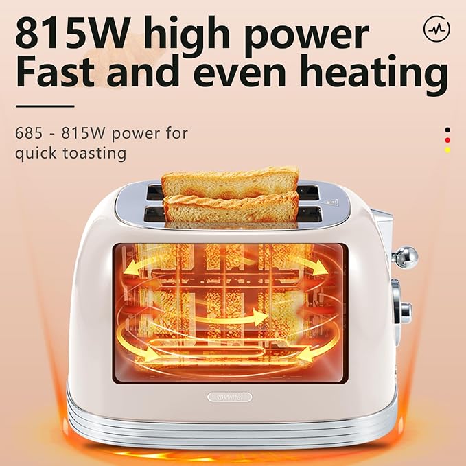 Beige Cute Retro Toaster 2 Slice with 1.58" Wide Slots, Bread toaster with Cover and Warm Rack, Stainless Steel Toaster with Removable Crumb Tray, Preheat, Defrost, Cancel Function (Cream)