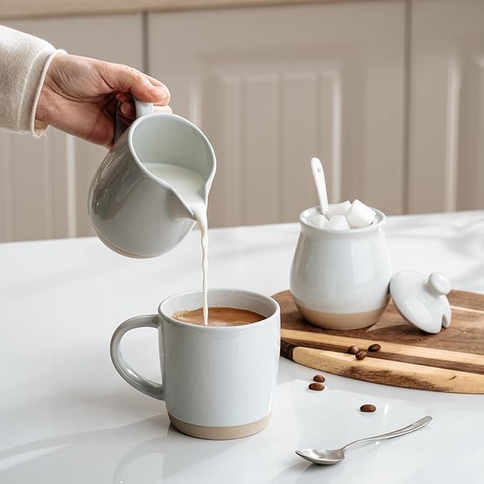 famiware Milkyway Ceramic Sugar and Creamer Set, 10oz Sugar Bowl & 13oz Creamer Set – Stoneware Milk Pitcher & Sugar Dispenser for Coffee Bar, Kitchen, or Countertop, Coffee Serving Set, Light Gray