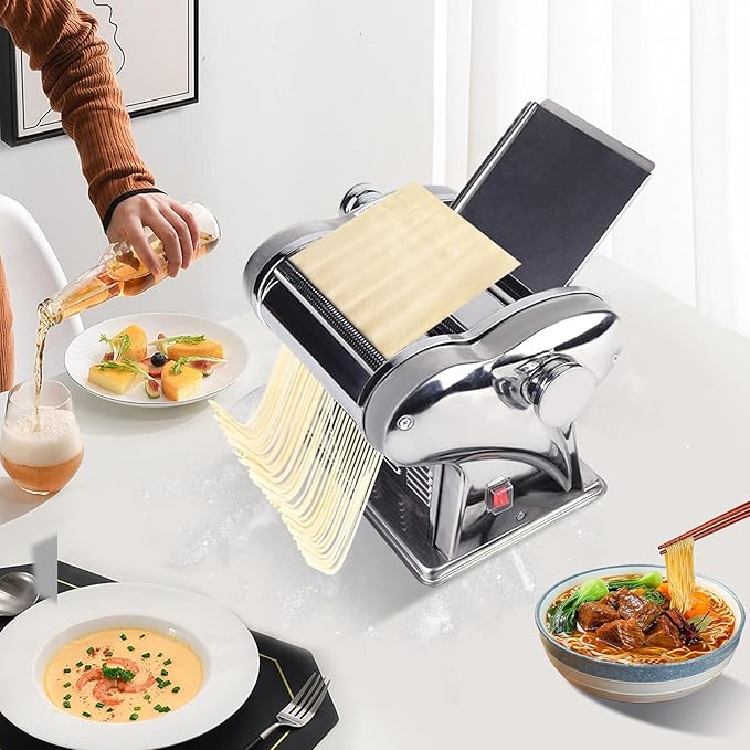 135W Electric Pasta Maker, Pasta Maker 8-Speed Adjustment, Stainless Steel, Pasta Machine one-Touch Start Make Dough Sheets, Dumpling Skins, Wonton Skins, Pancakes