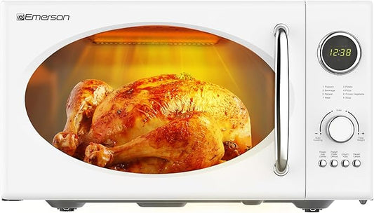 Emerson MWRG0901W Retro Microwave with 1,000W Grill Function 800W Cooking, LED Display, 5 Power Levels, 8 Auto Menus, Glass Turntable, Child Lock, 0.9 Cu. Ft, White Countertop Design