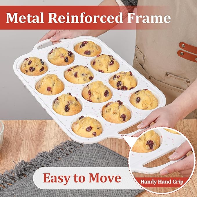 Silicone Muffin Pan with Metal Frame, Regular Size Cupcake Pan with Handle 12 Cups Nonstick Muffin Pan for Baking BPA Free 1 Pack