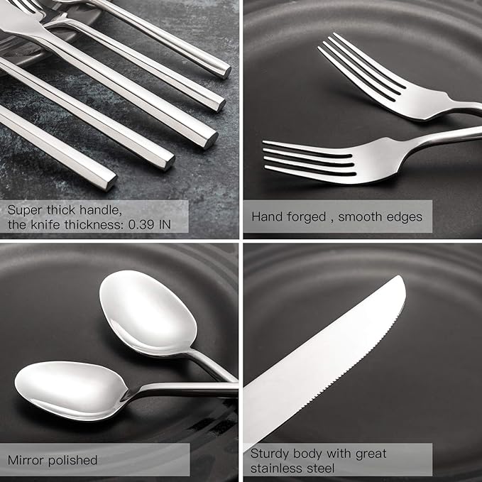 Hand Forged Stainless Steel Flatware Set Silverware Set Cutlery Set Hexagon Handle 5 Pieces Service for 1
