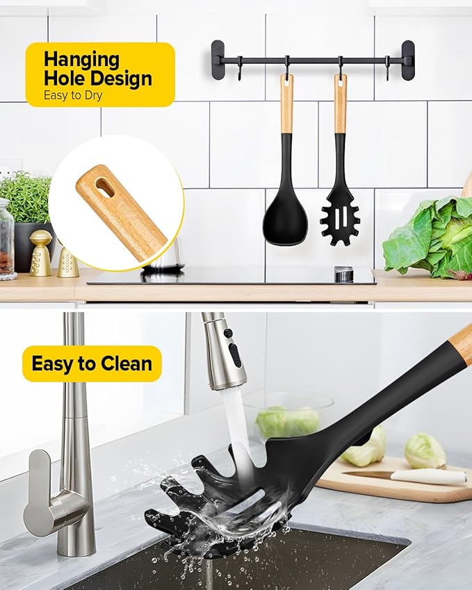 Silicone Soup Ladle and Spaghetti Spoon Set with Wooden Handle, Non Stick Heat Resistant Kitchen Utensils for Cooking, Stirring, Serving Pasta, Soup & Sauce(BLACK)