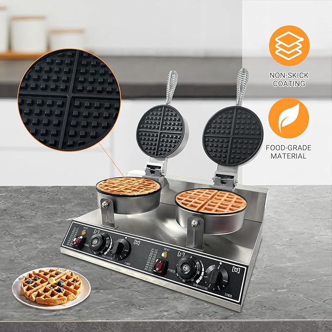 Commercial Waffle Maker for Home and Restaurant, 2400 W Nonstick Waffle Iron, Double Head Stainless Steel Waffle Maker,No Rotation