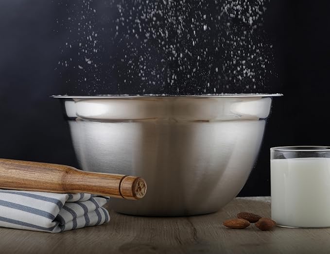 AVADOR Premium Stainless Steel Mixing Bowls, Set of 4 Stainless Steel Mixing Bowl Set, Easy To Clean, Space Saving, Great for Cooking, Baking, Prepping 0.74qt 1.4qt 3qt 5qt (4 pc German Mixing Bowl)