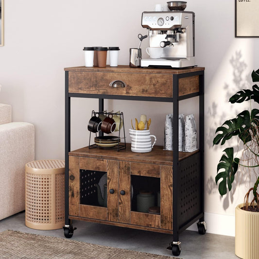 Catrimown Coffee Cart Station, Coffee Stand Station, Small Microwave Stand with Drawer, Movable Farmhouse Coffee Station Table on Wheels for Living Room, Entryway, Dining Room, Kitchen