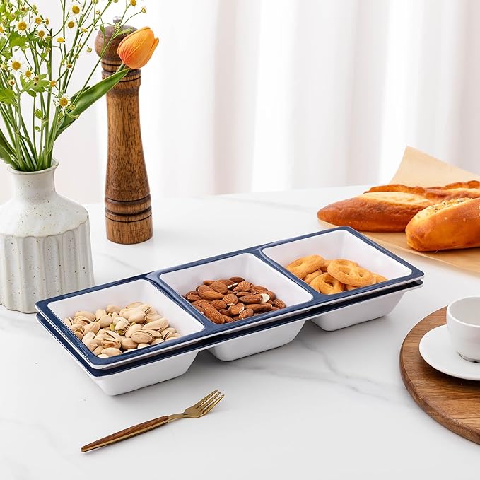 3-Section Divided Serving Trays, Talavera 14.75”x 6” Unbreakable Melamine Serving Platter for Serving Food, 3 Compartment Condiment Tray, Rectangular Condiment Server Set of 2
