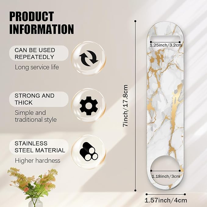 2 PACK Beer Bottle Opener, Stainless Steel Flat Bottle Openers,7 inch Metal Decor,White And Golden Marble