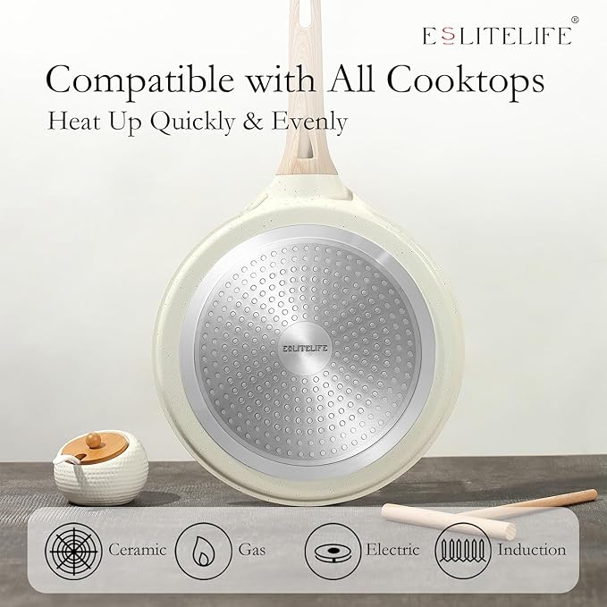 ESLITE LIFE 11 Inch Crepe Pan with Spreader, Nonstick Ceramic Flat Skillet Dosa Tawa Comales Para Tortillas Pancake Pan, PTFE & PFOA Free, White