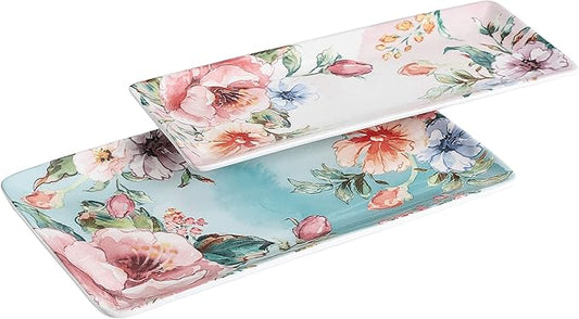 Bico Margret's Garden Ceramic 14 inch Rectangular Serving Platter, Set of 2, for Serving Salad, Pasta, Cheese, Ham, Appetizer, Microwave & Dishwasher Safe