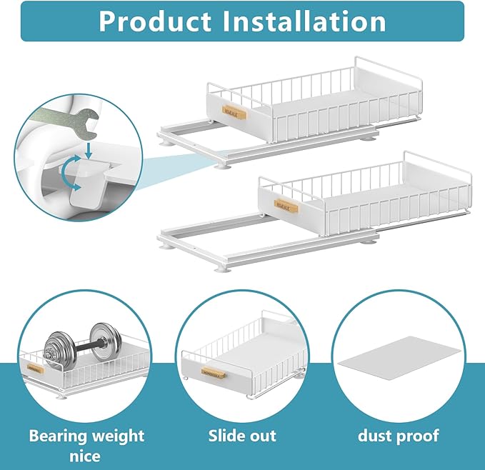 Under Sink Organizer, Kitchen Pull Out Cabinet Organizer, Mute Slide Out Metal Under Sink Organizers and Storage Shelves for Kitchen Bathroom Laundry Cabinet Pantry, White