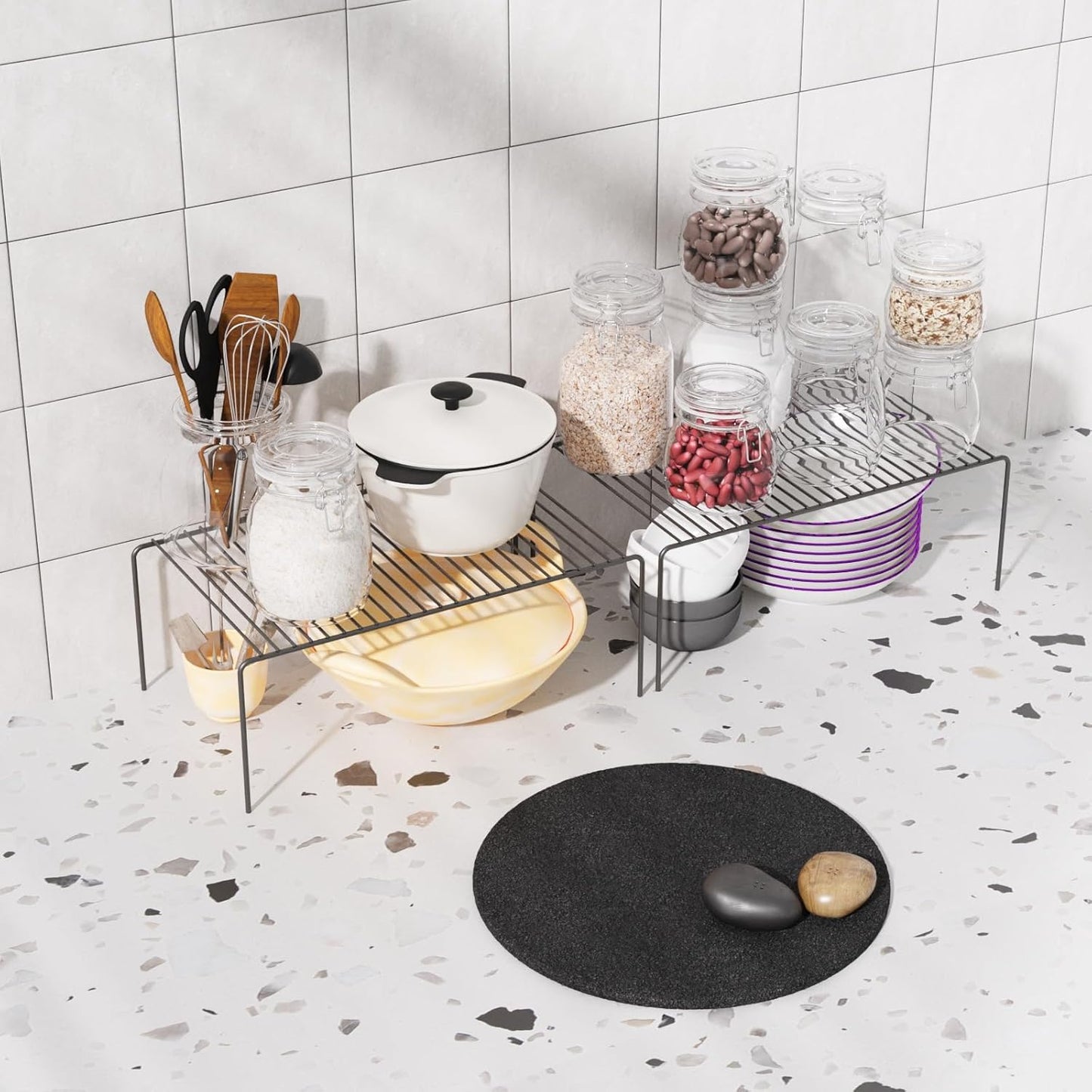 Medium(13 x 9.4 inch)Black Cabinet Storage Shelf Rack Set of 4, Rustproof Metal Wire Kitchen Counter Organizers and Storage, Spice Organization for Cabinet, Plate, Dish, Pantry, Bathroom, Fridge