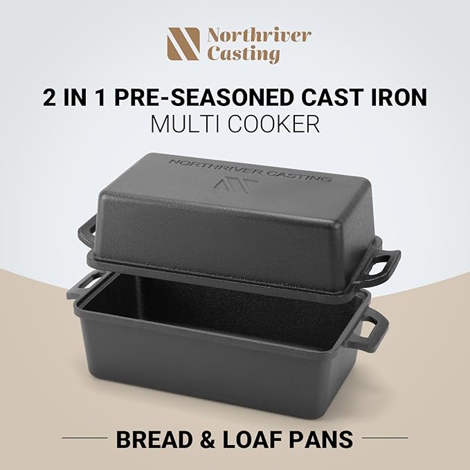 9×5 Inch Cast Iron Loaf Pan with Lid | Bread Baking Pans | Even Heat Distribution for Homemade Bread, Cake, Meatloaf, 2 Piece Set