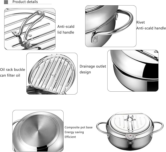 Deep Fryer Pot, Japanese Style Tempura Deep Fryer Frying Pot With Thermometer, Lid, Oil Drip Drainer Rack for French Fries Fish Shrimp Chicken 7.9 Inch/2.2 L 304 Stainless Steel Gifts