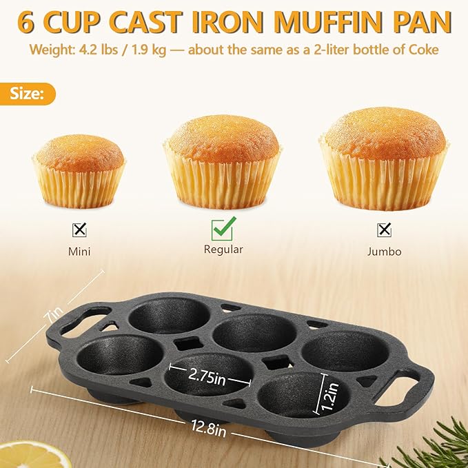 Pre-Seasoned Cast Iron Muffin Pan - 6-Cup Nonstick Cupcake Pan, 2 Piece Set