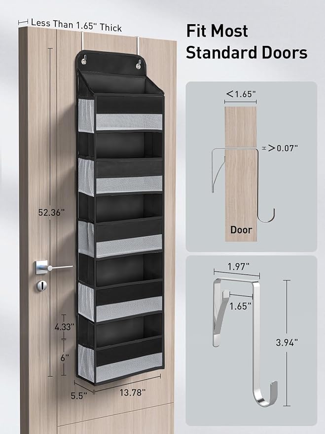Yecaye 2 Pc Over the Door Organizer with 5 Bins 10 Side Pockets, 44lbs Load Hanging Bathroom and Bedroom Organizer, behind the Door Hanging Organizers for Nursery Newborn Baby Essential Stuff Black