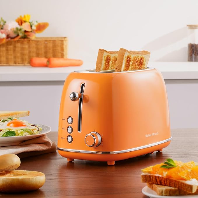 2 Slice Toaster Retro Stainless Steel with Bagel, Cancel, and Defrost Functions, 6 Bread Shade Settings, Extra Wide Slots and Removable Crumb Tray, Orange