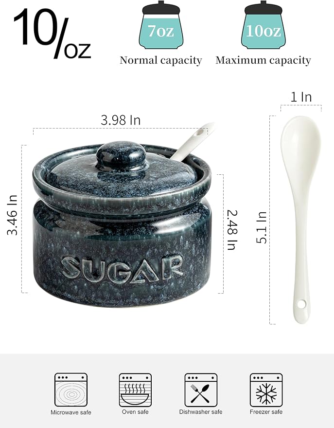 Gomakren Sugar Bowl with Lid and Spoon, Sugar Container Sugar Dish 10oz, Ceramic Sugar Jar for Coffee Bar, Kitchen, Countertop - Modern Farmhouse Kitchen Christmas Decor, Blue