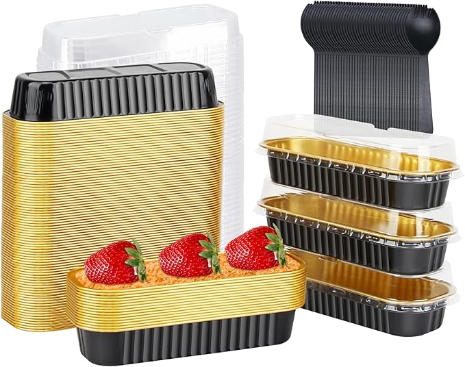 LNYZQUS Mini Loaf Pans with Lids 100 Pack, 6.8oz Aluminum Foil Mini Cake Baking Pans Cupcake Tins Containers,Disposable Ramekins Bread Baking Cups Muffin Tins Holders-Black