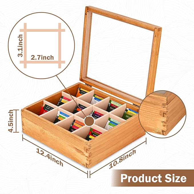 Wood Tea Box Organizer 12 Compartment Multi-Functional Storage Box with Clear Acrylic Window,Tea Bag Holder for Cabinet.