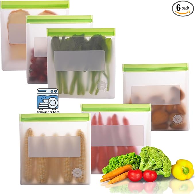 Reusable Silicone Food Storage Bags – 6-Pack Stand-Up, BPA-Free, Freezer, Dishwasher Safe & Eco-Friendly – 6 Gallon Bags – Airtight Leakproof, Organization and Storage Baggies (Multicolor (Green))