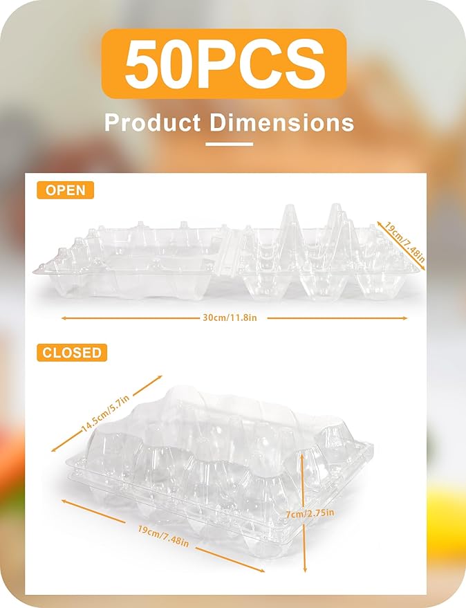 50 Pack Egg Cartons Cheap Bulk 12 Count - Holds 1 Dozen Clear Blank Egg Cartons for Chicken Eggs - Clear Empty Chicken Egg Carton for Fresh Medium Eggs