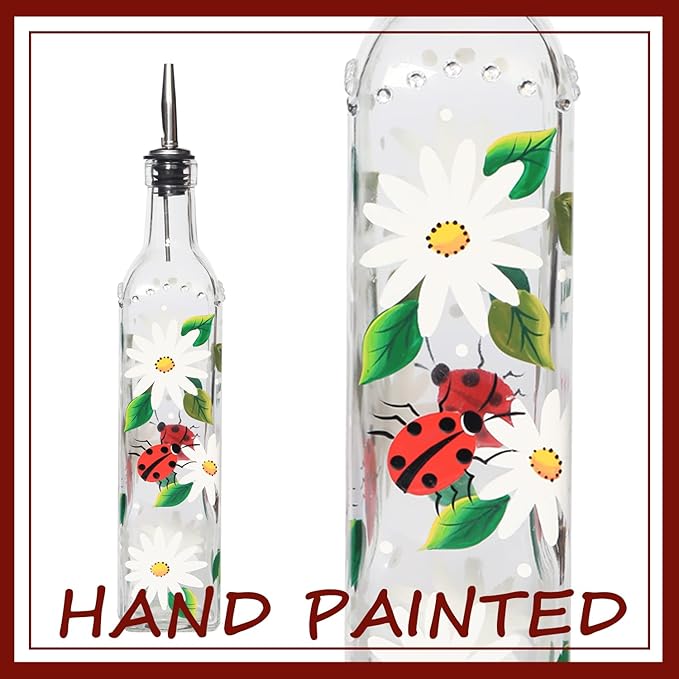 17oz Hand Painted Glass Olive Oil Bottle - 500ml Green Oil & Vinegar Cruet with Pourers - Olive Oil Carafe Decanter for Kitchen (Daisy)